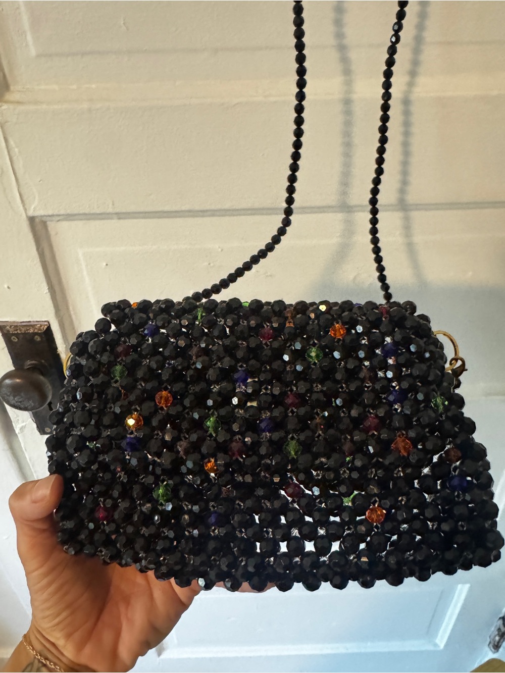 Beaded Black Evening Crossbody Bag with Multicolor Accents (Handmade)